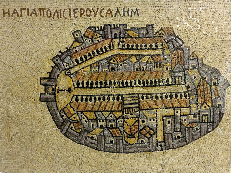 Reproduction of the 6th cent. A.D. Madaba map mosaic showing the cityscape of Jerusalem (Mattes)