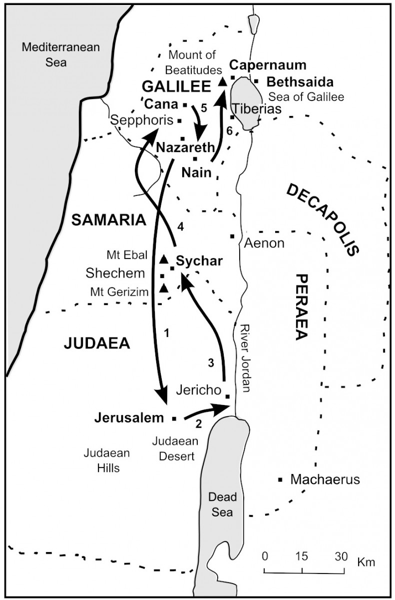 Map of Jesus travels to Jerusalem
